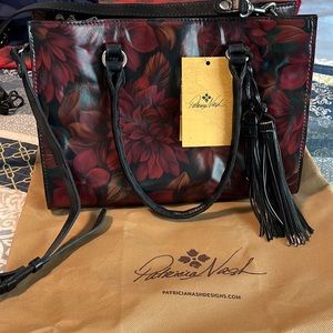 PATRICIA NASH Leather Primrose Printed Satchel Rustic Mums Handbag Red Black NWT